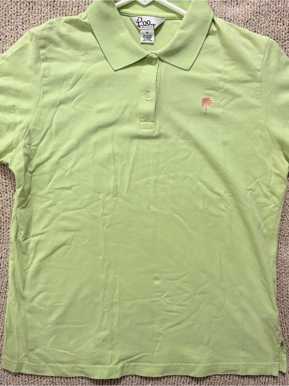 Lilly Pulitzer Light Lime Green Polo with Pink Palm Embroidery